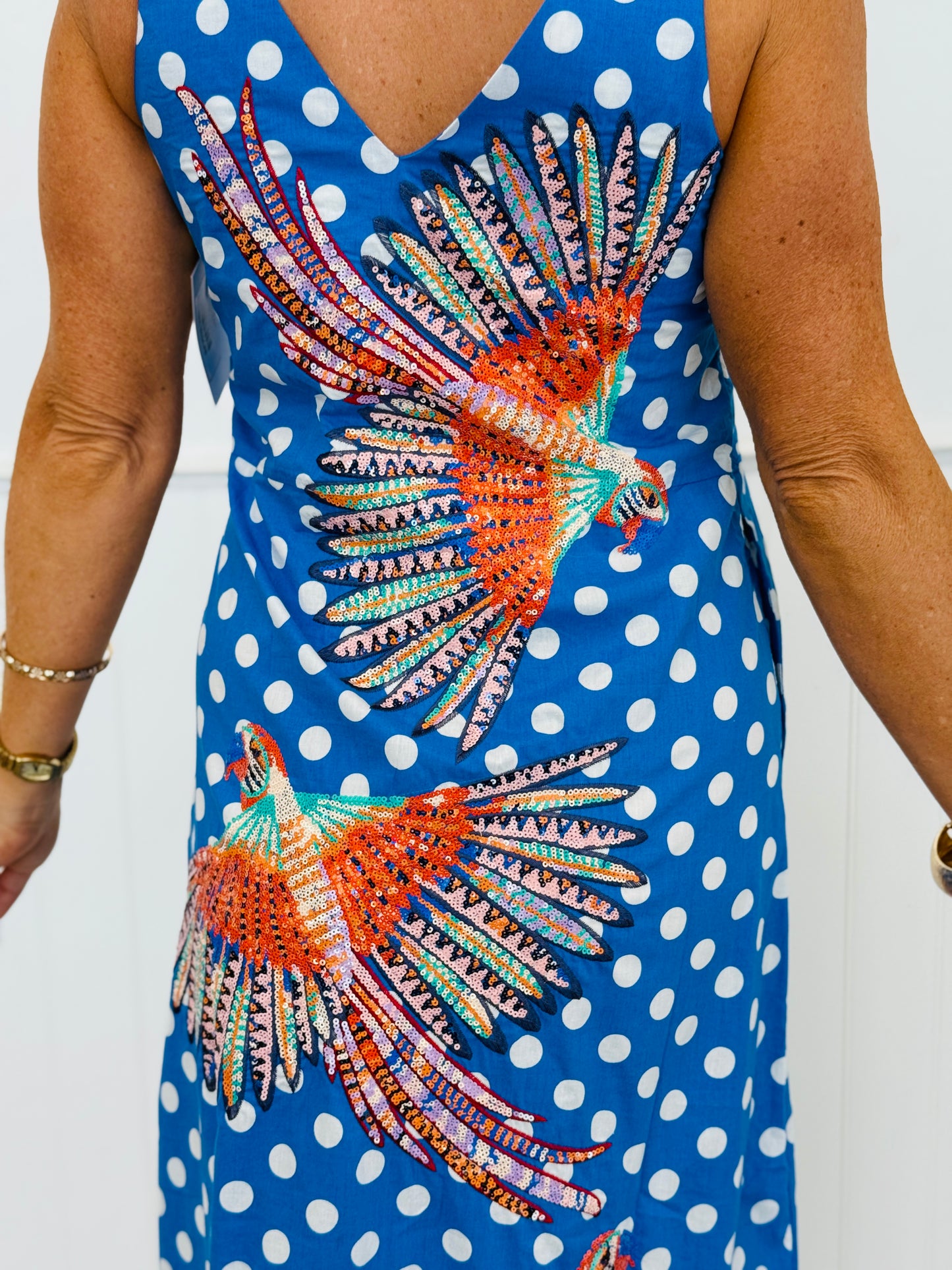 Queen Of Sparkles Blue & White Polka Dot Bird Midi Dress (Reg & Plus)