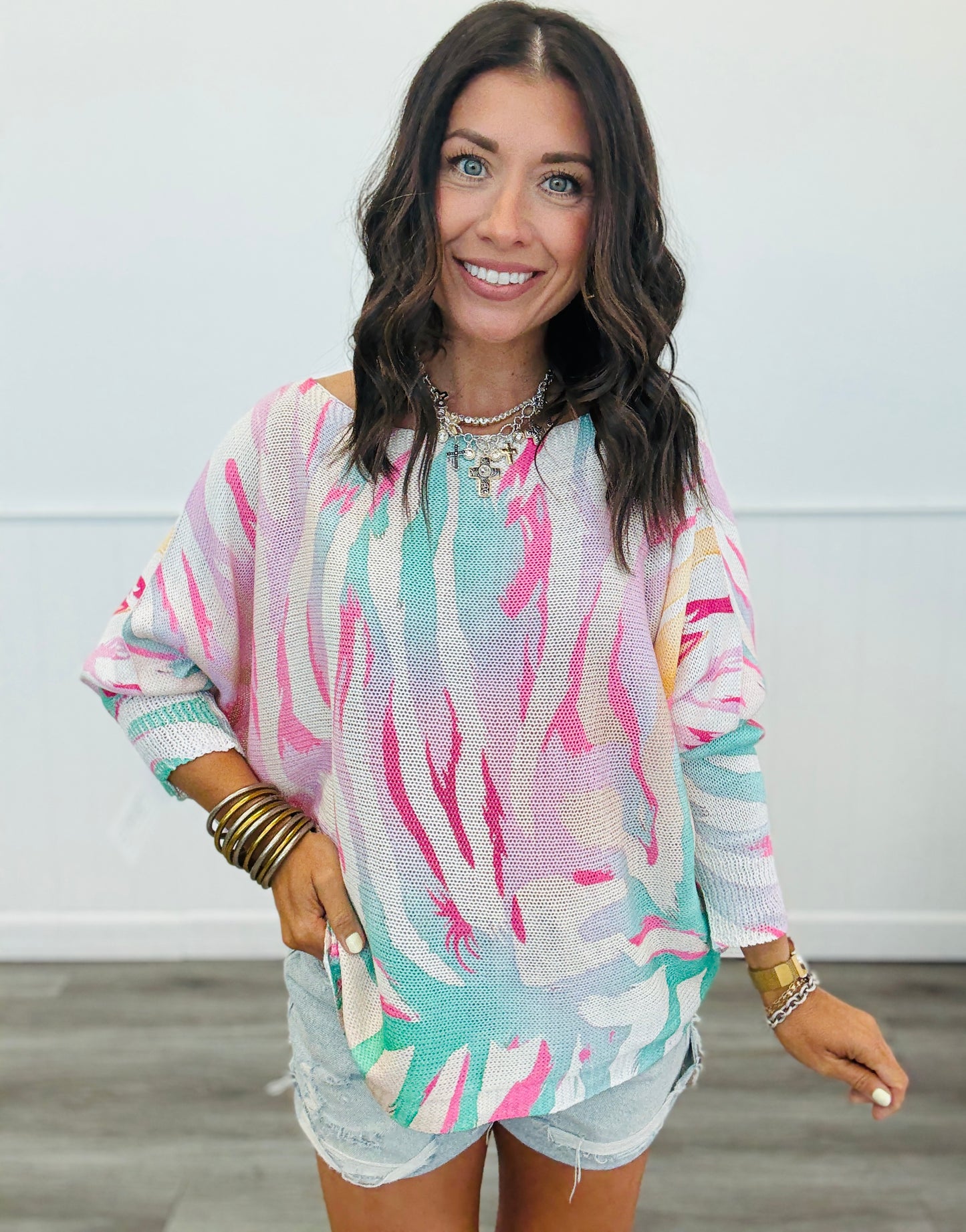 Multi Zebra Striped Pullover Sweater Top (OS & Plus)