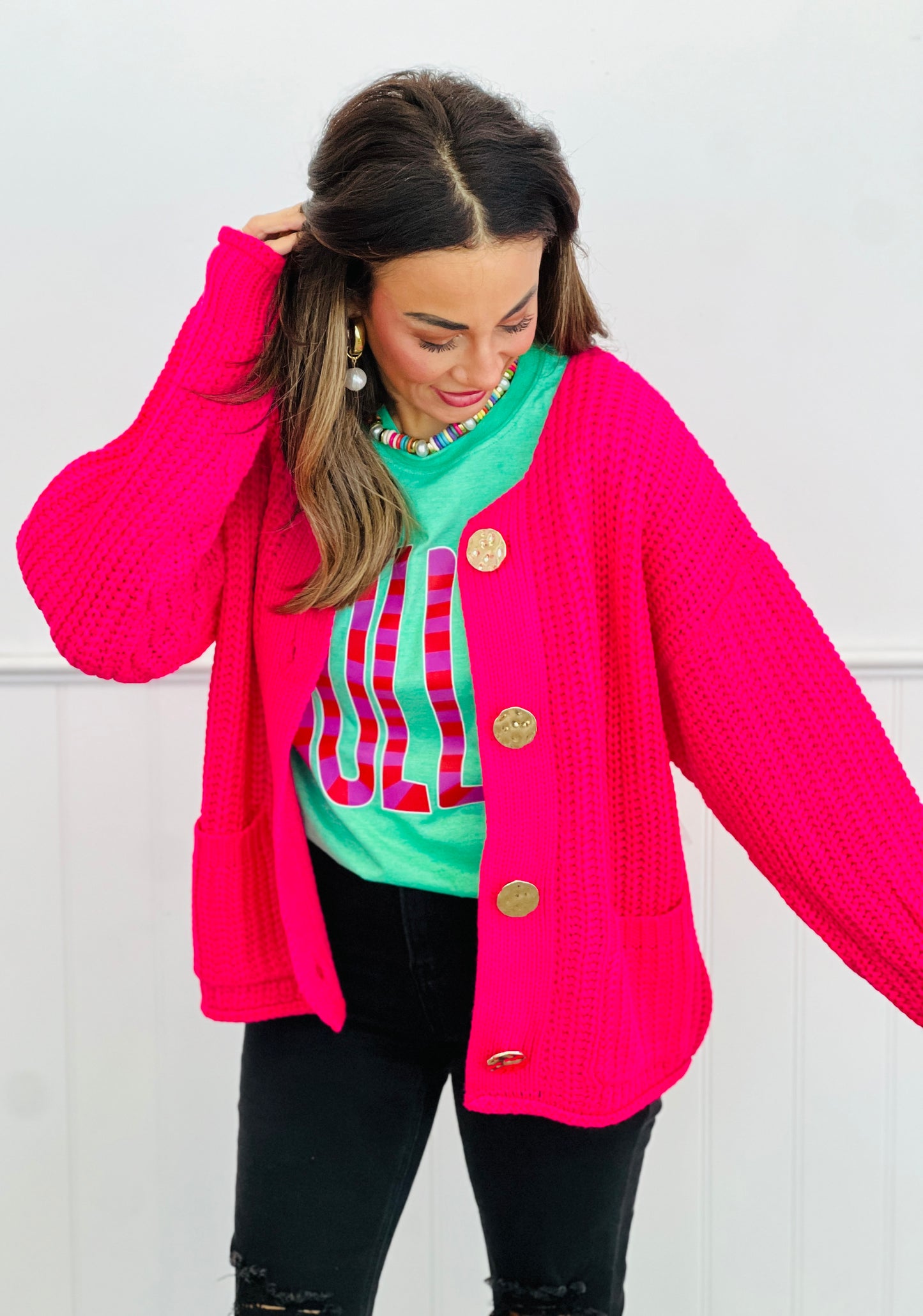 Hot Pink Chunky Button Sweater Cardigan (Reg.)