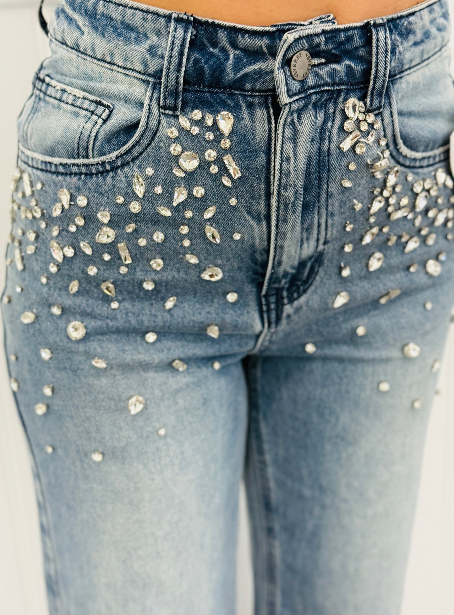 Medium Wash Rhinestone Studded Denim Jeans (Reg.)