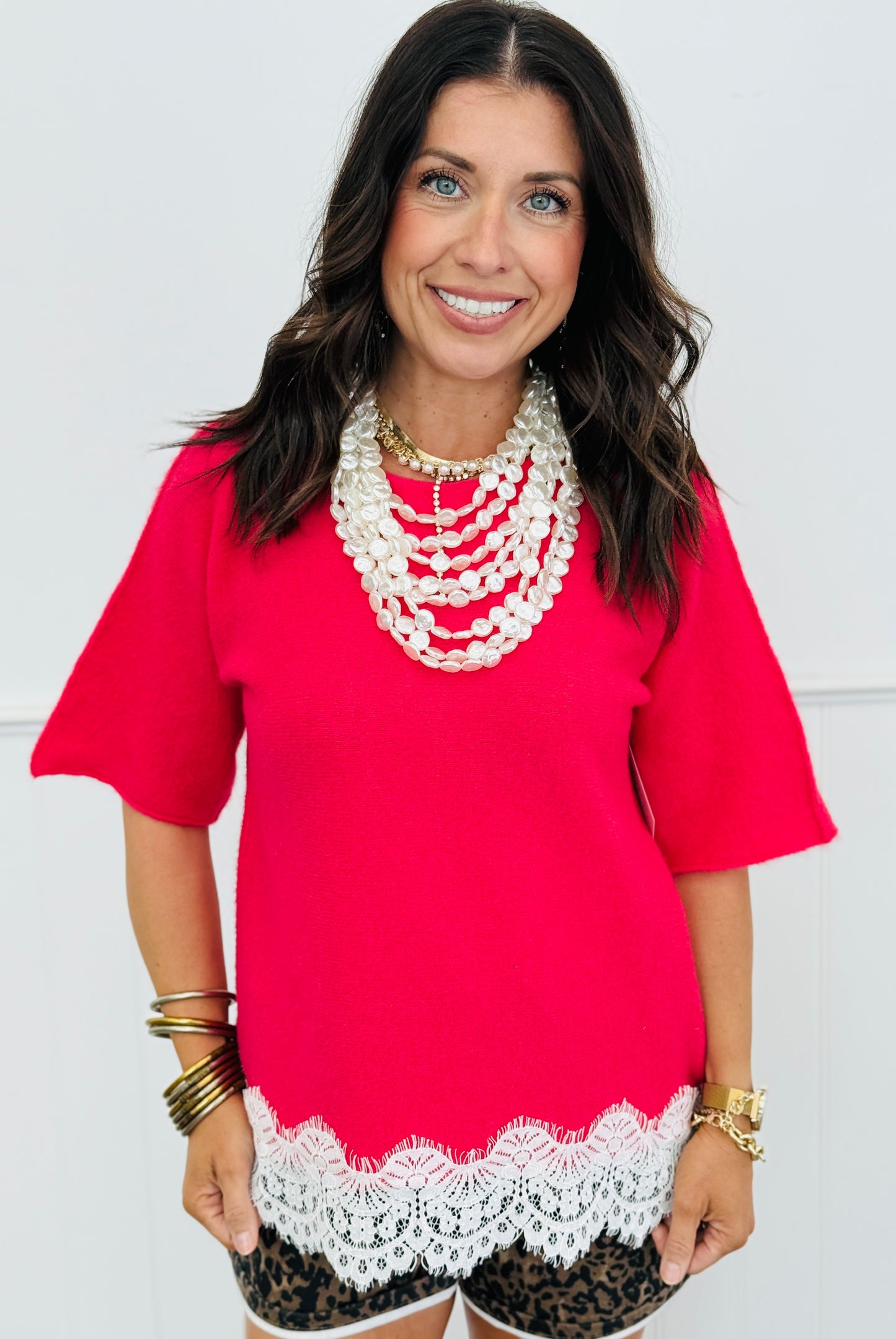 Hot Pink Lace Hem Fuzzy Sweater Top (One Size)