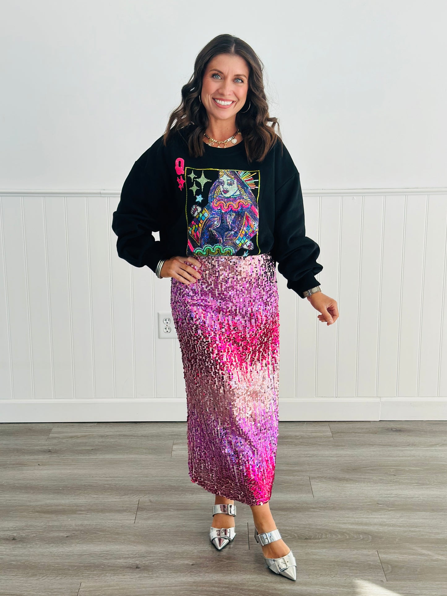 Fuchsia Sequined Ombre Midi Skirt (Reg)