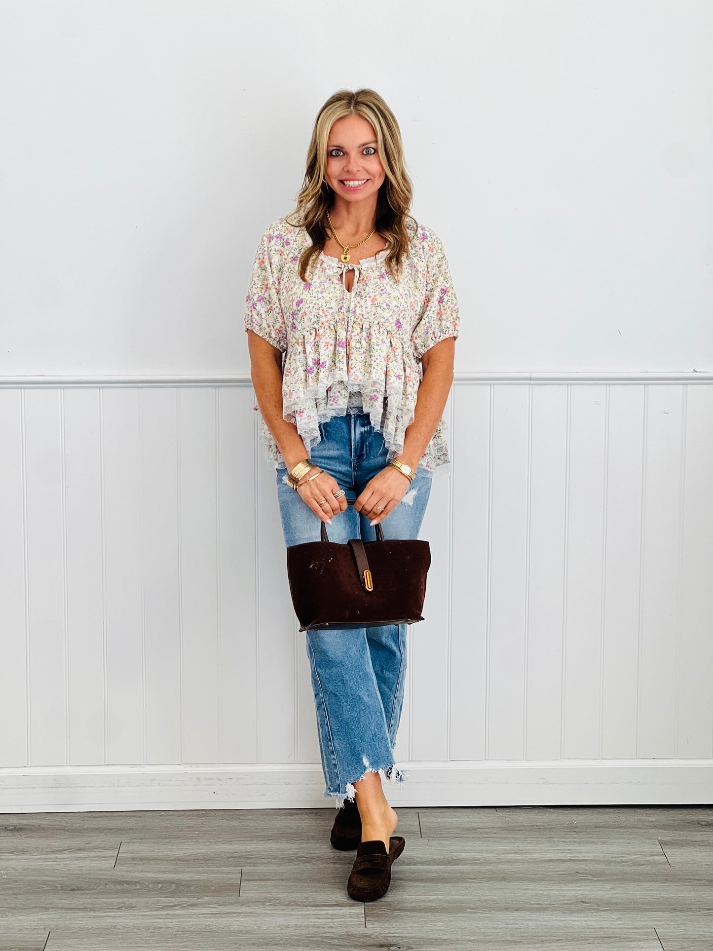 POL Ivory Floral Print Double Ruffle Blouse (Reg.)