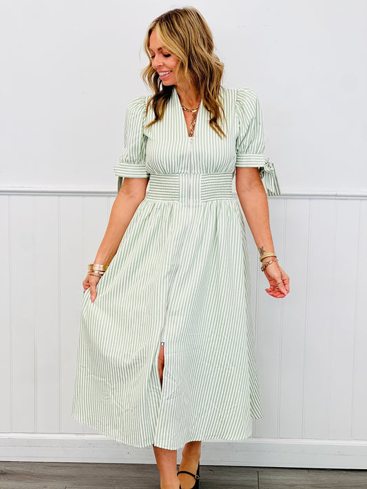 Sage/Cream Striped Front Zip Midi Dress (Reg.)