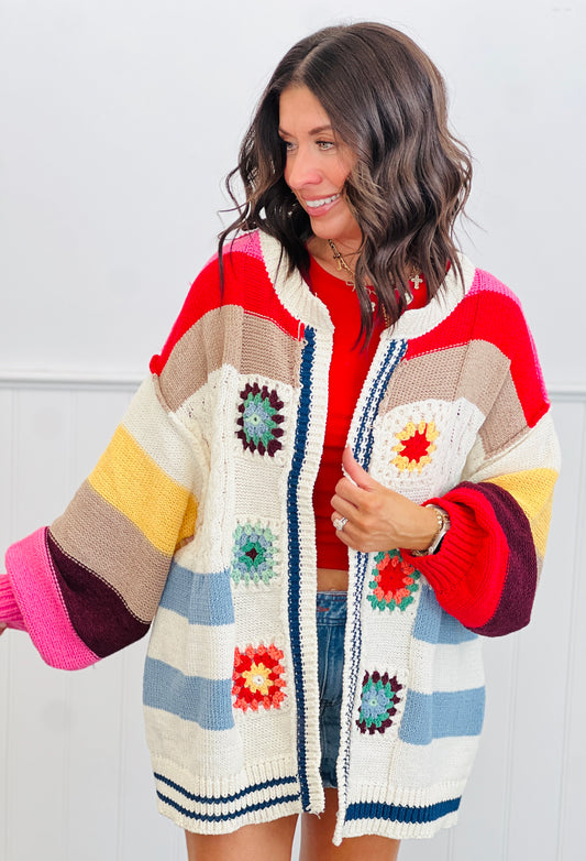 POL Ivory Stripe Granny Squares Sweater Cardigan (Reg.)