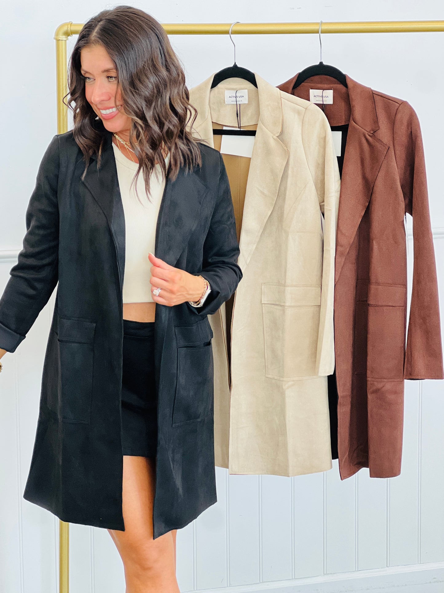 Faux Suede Open Front Longline Jacket (Reg. and Plus)- 3 Colors