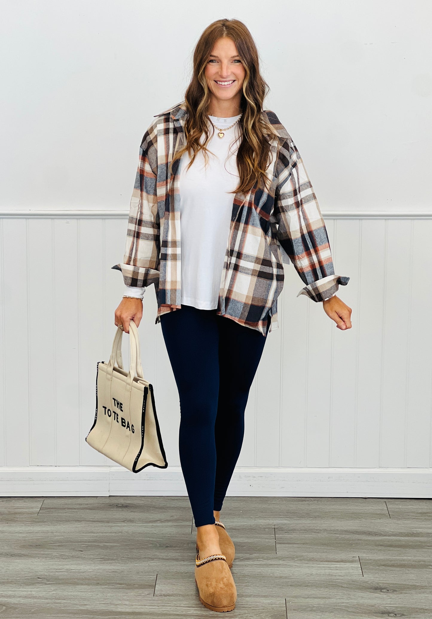 Navy/Taupe Combo Plaid Button Down Top (Reg.)
