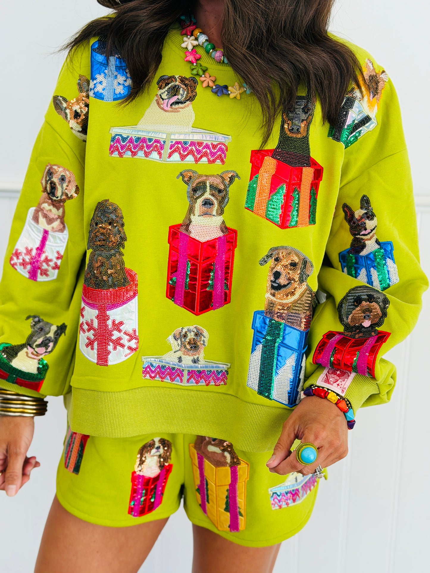 Queen Of Sparkles Green Dogs in Present Boxes Sweatshirt (Reg. & Plus)