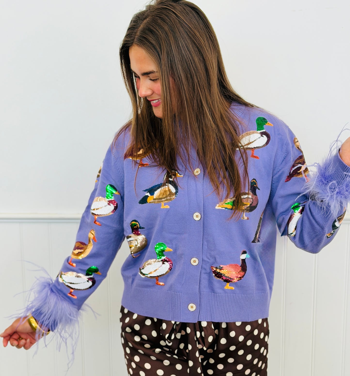 Queen Of Sparkles Purple Ducks Feather Sleeve Cardigan (Reg. and Plus)