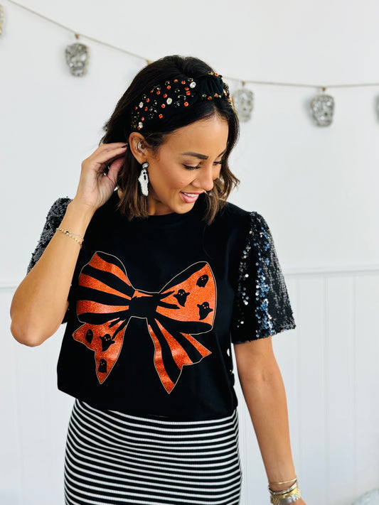 Halloween Bow Sequin Puff Sleeves Top (Reg. & Plus)