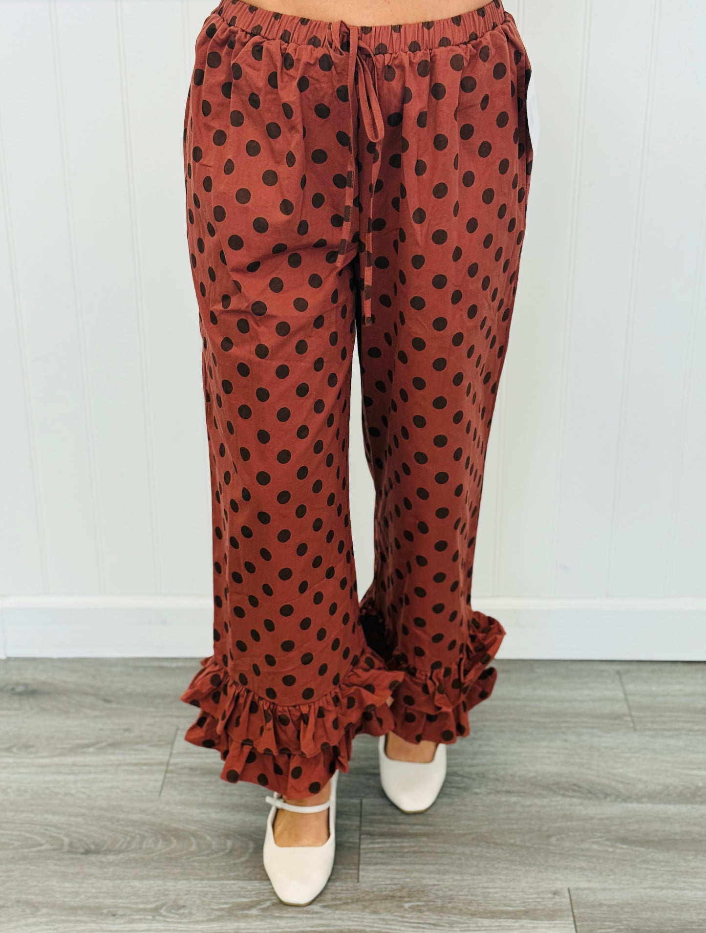 Brick/Brown Ruffled Hem Polka Dot Pants (Reg.)