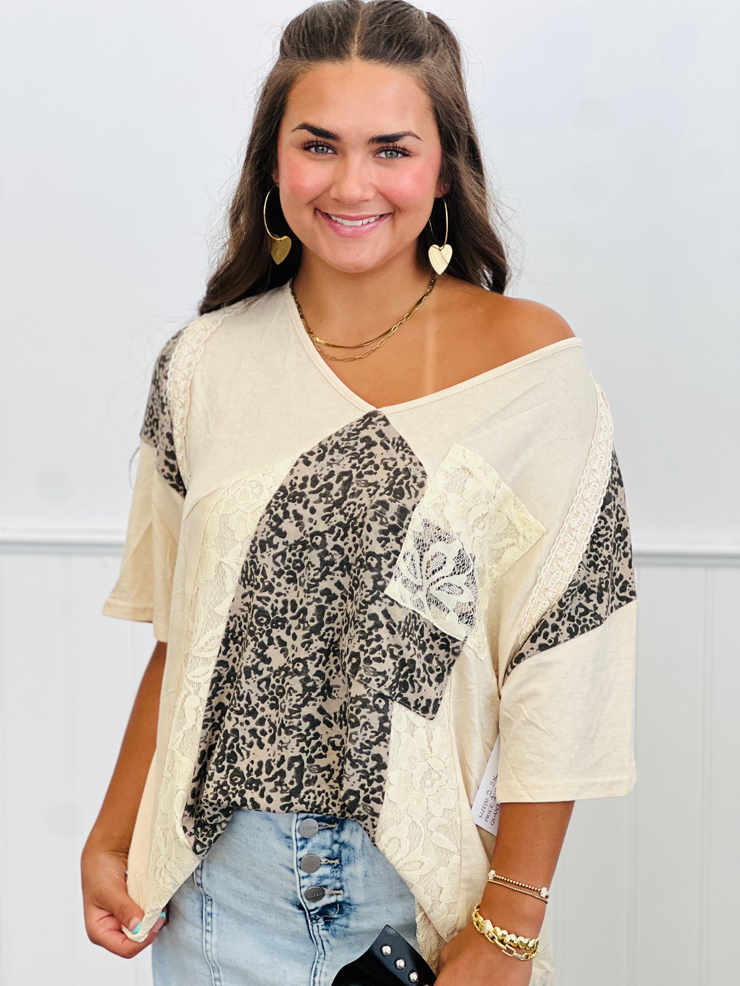 Beige Floral Patchwork & Lace Top  (Reg & Plus)