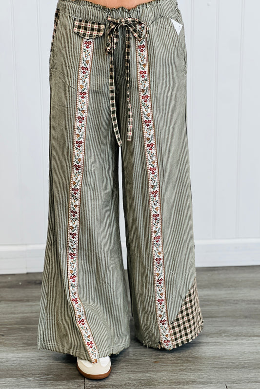 POL Olive Stripe Floral Trim Baggy Pants (Reg.)
