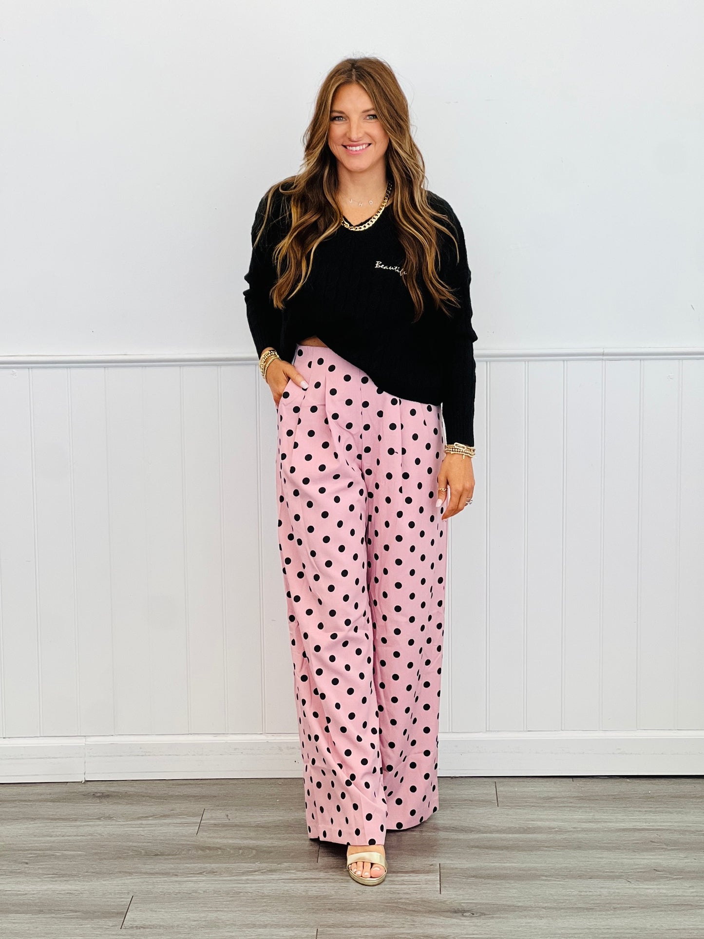 Pleated High Waist Polka Dot Pants (Reg.)-2 Colors