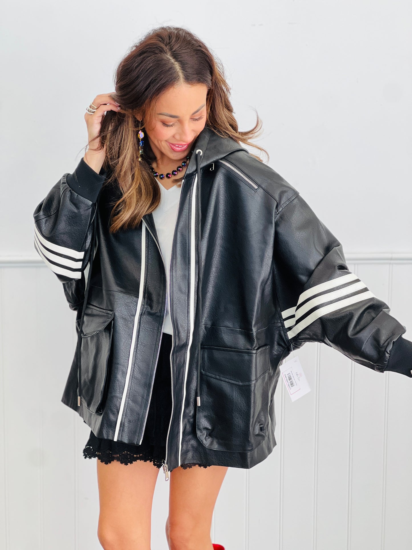 Black Stripe Detail Leather Jacket (Reg.)