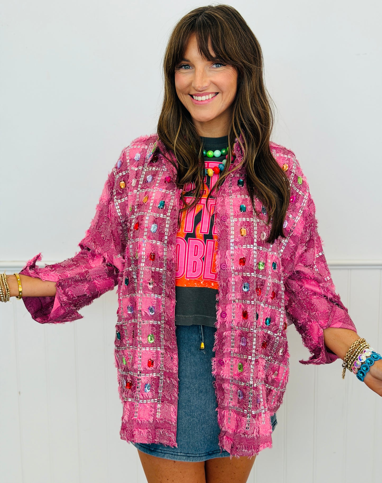 Pink Plaid Multi Crystal Shacket (One Size)