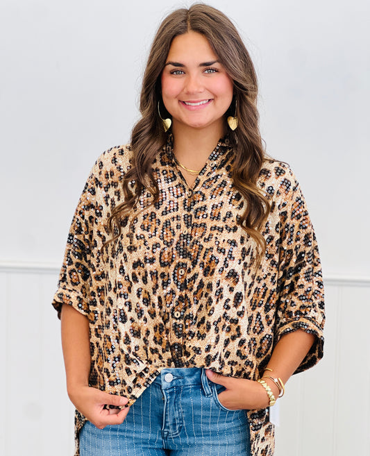 Leopard Sequined Half Sleeve Shirt (Reg & Plus)