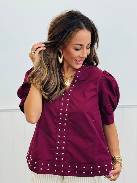 Burgundy Studded Split Neck Blouse (Reg & Plus)