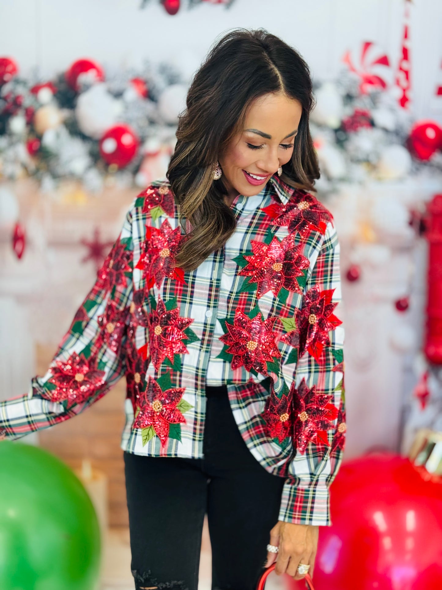 Queen Of Sparkles Red, Green & White Plaid Poinsettia Cotton Button Up Top (Reg. and Plus)