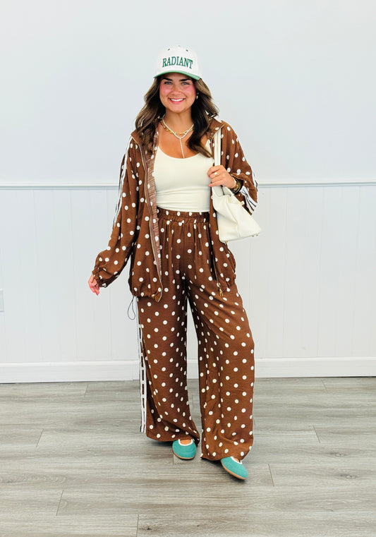 Mocha Polka Dot Side Striped Jacket & Pants Set (One Size)