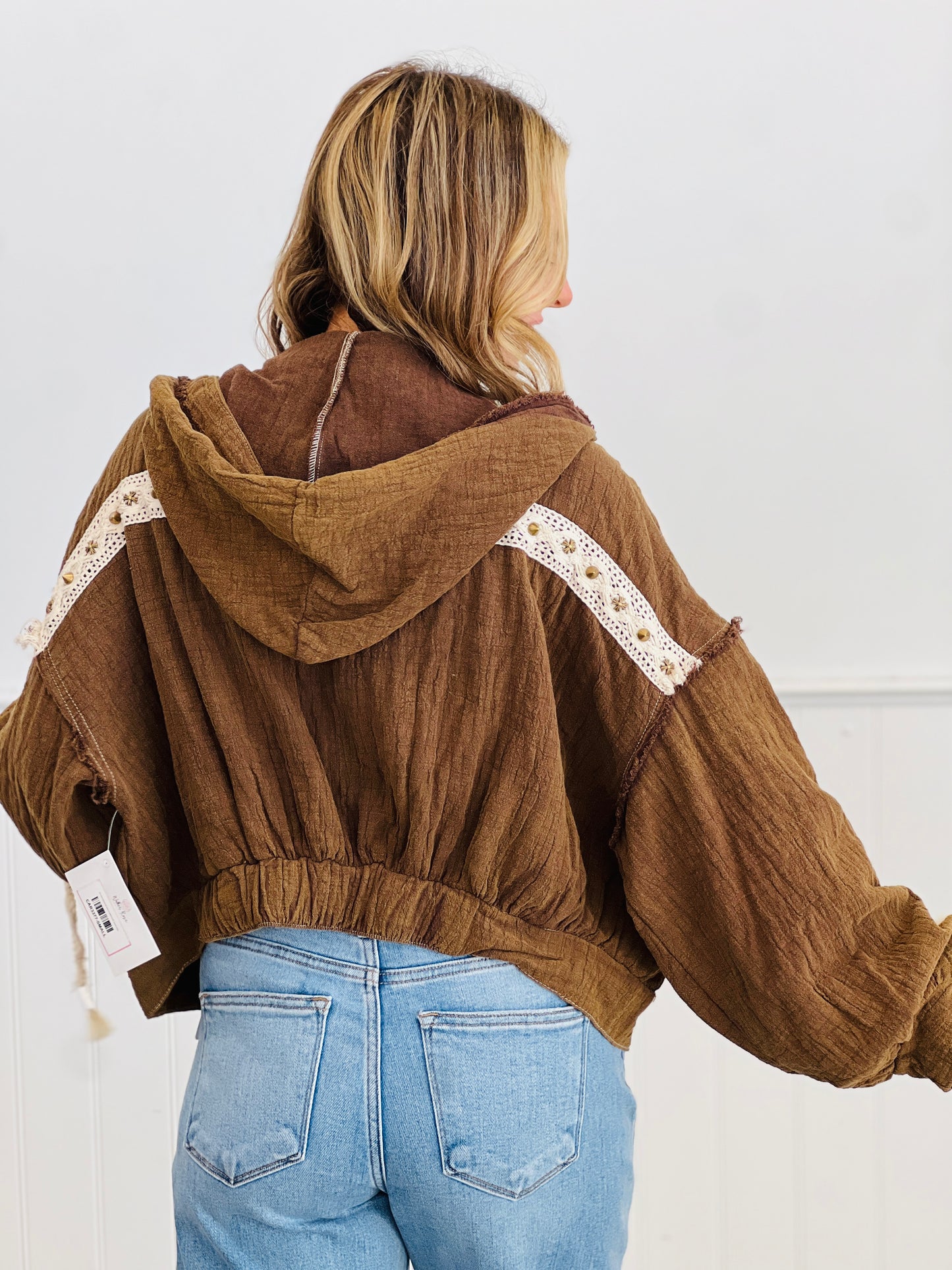 POL Chocolate Double Gauze Studded Hoodie Shacket (Reg.)