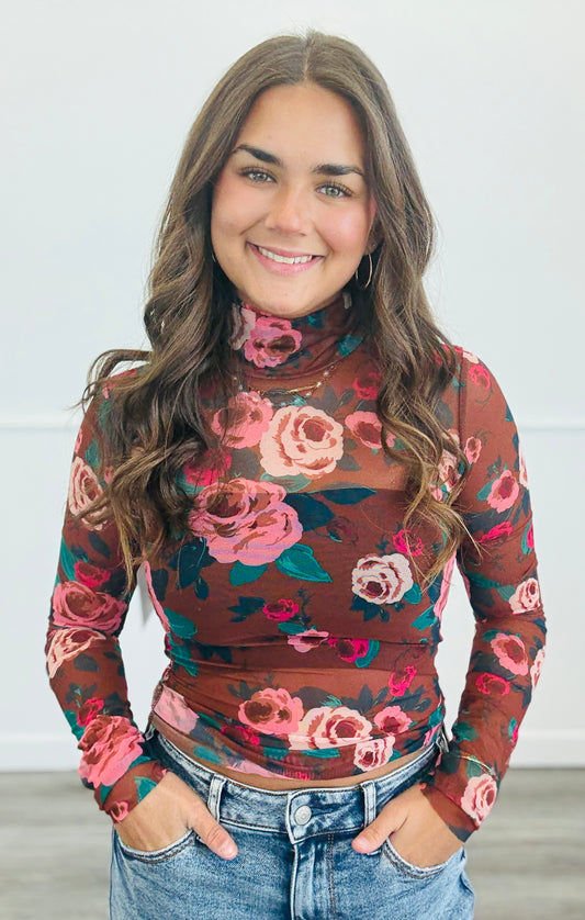 Rust Pink Sheer Mesh Floral Turtleneck Top (Reg.)