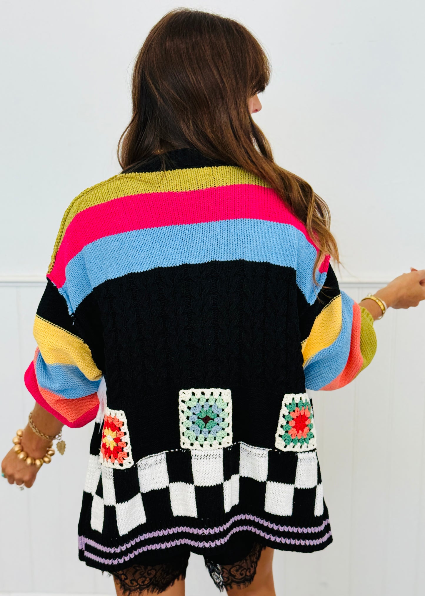 POL Jet Black Multi Stripe Granny Squares Sweater Cardigan (Reg.)