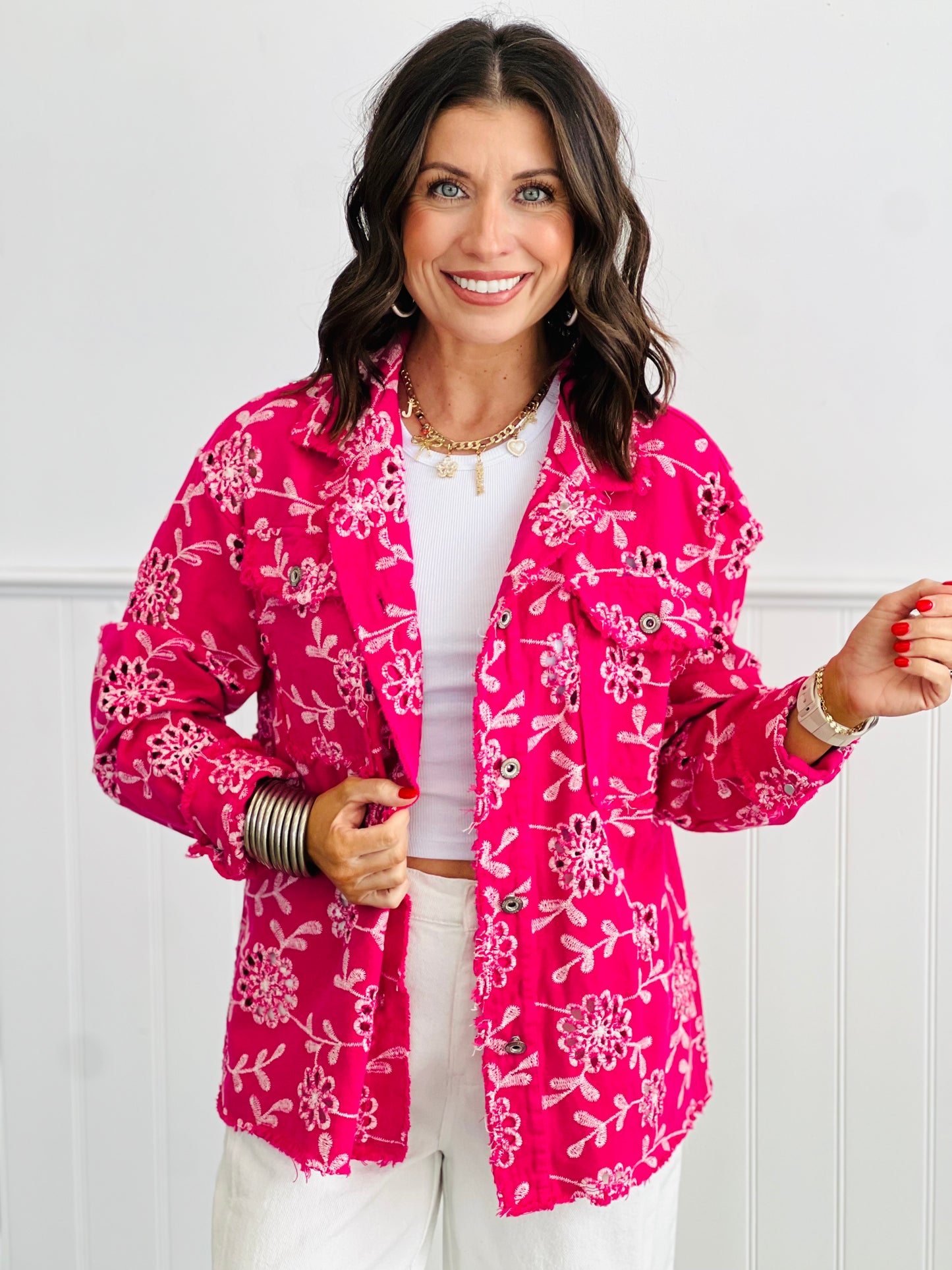 Hot Pink Eyelet Embroidered Jacket (Reg and Plus)