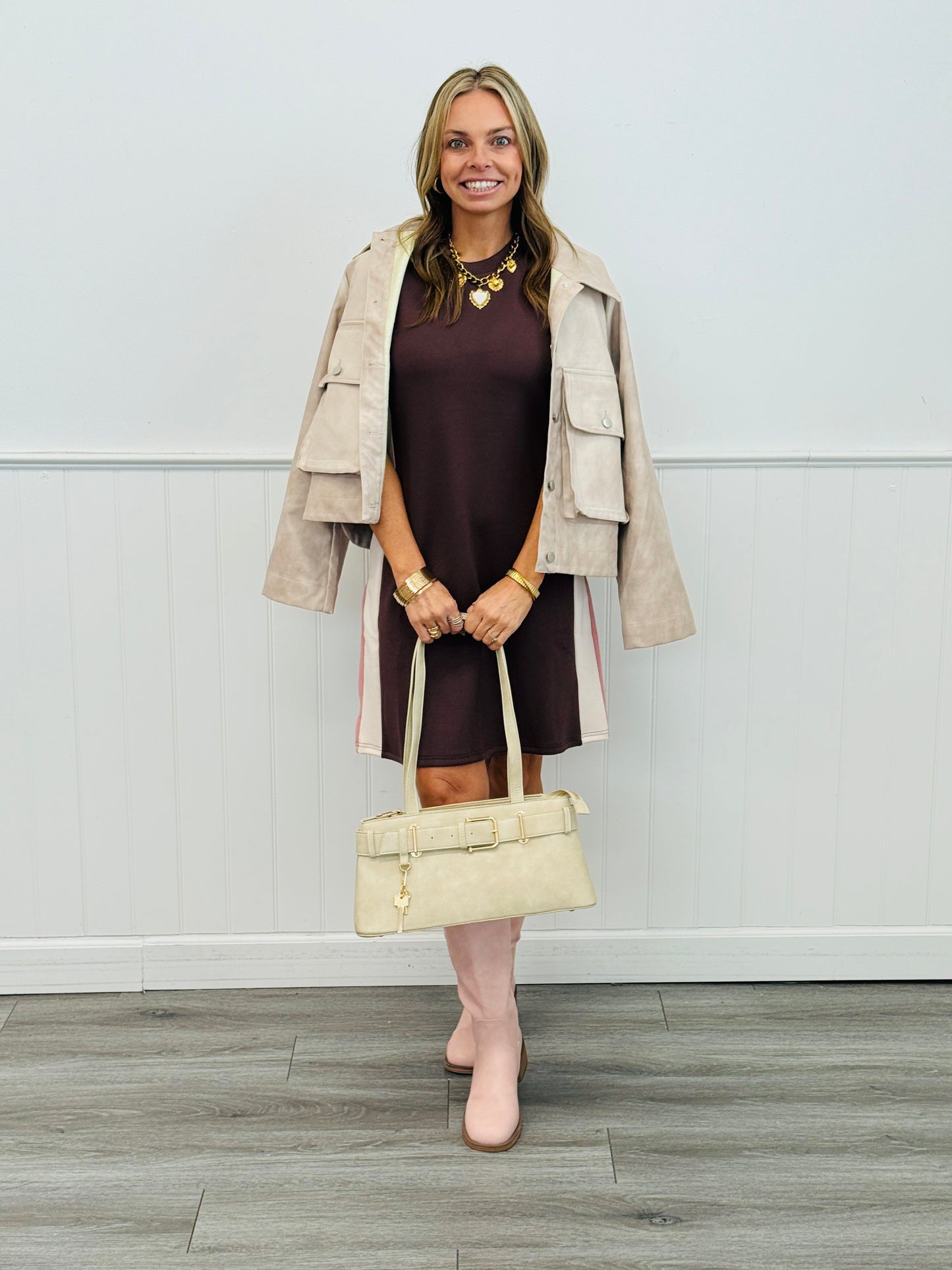 Brown/Pink Side Stripe Mini Dress (Reg & Plus)