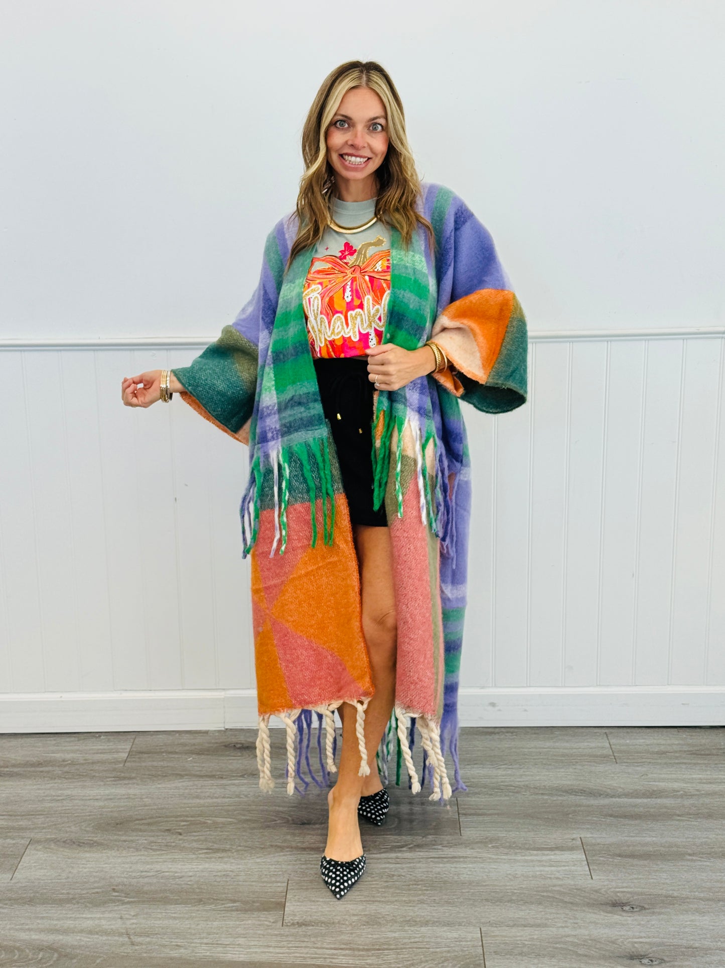 Multi Purple Print Squares Tassel Fringe Maxi Cardigan (OS)