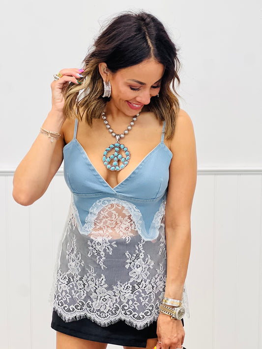 Denim Lace Sleeveless Top (Reg.)