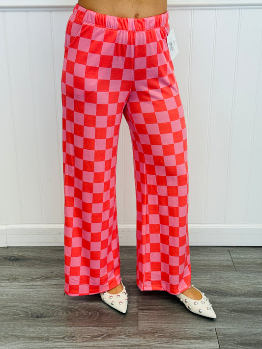 Red/Pink Checkered Knit Pants (Reg & Plus)