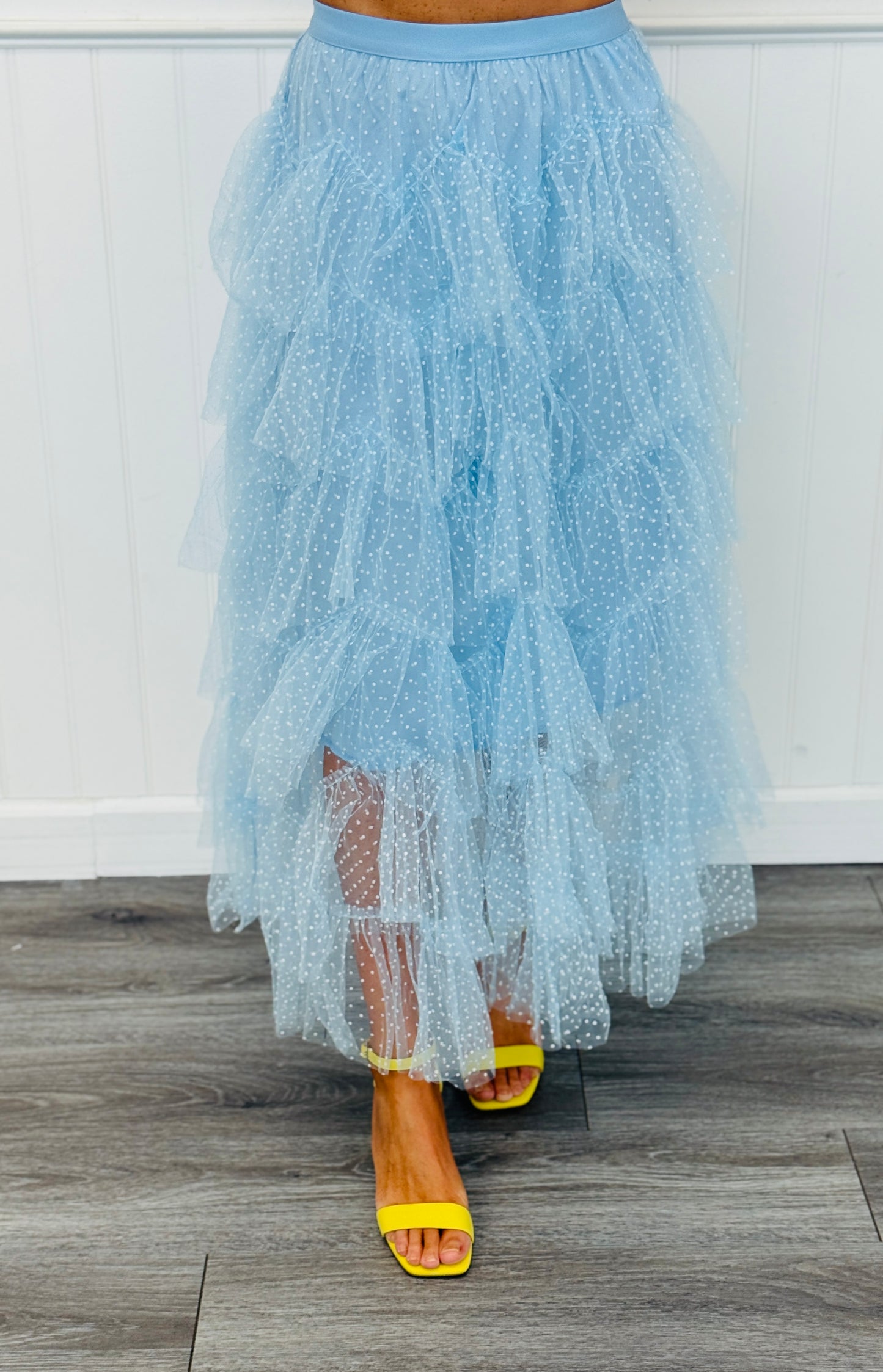 Baby Blue Tiered Tulle Mesh Midi Skirt (Reg & Plus)
