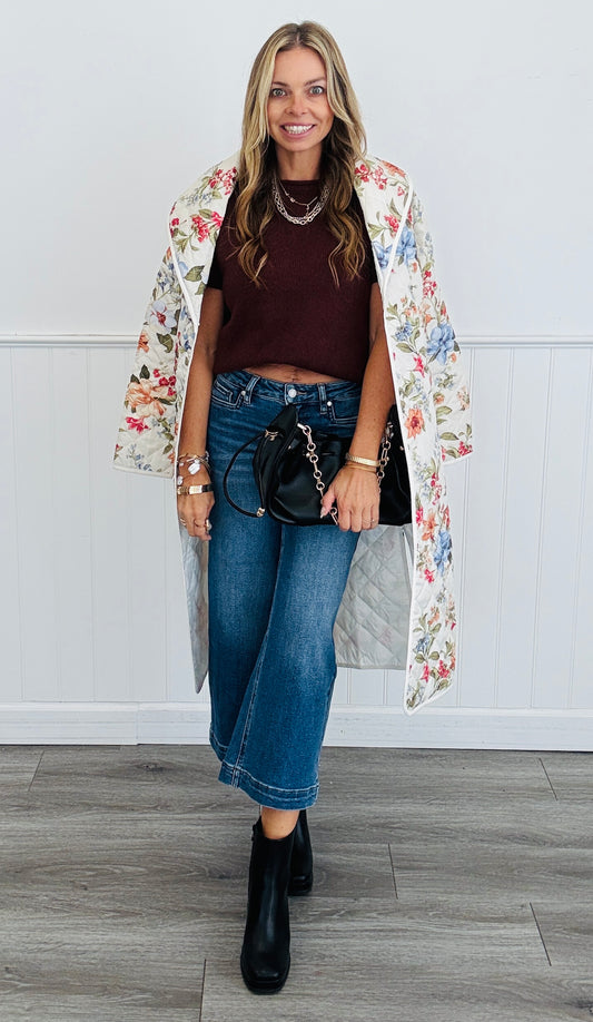 Floral Print Quilted Belted Coat (Reg. and Plus)