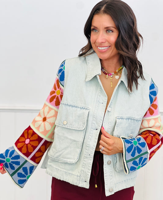 Light Denim Contrast Sweater Sleeves Jacket (Reg & Plus)