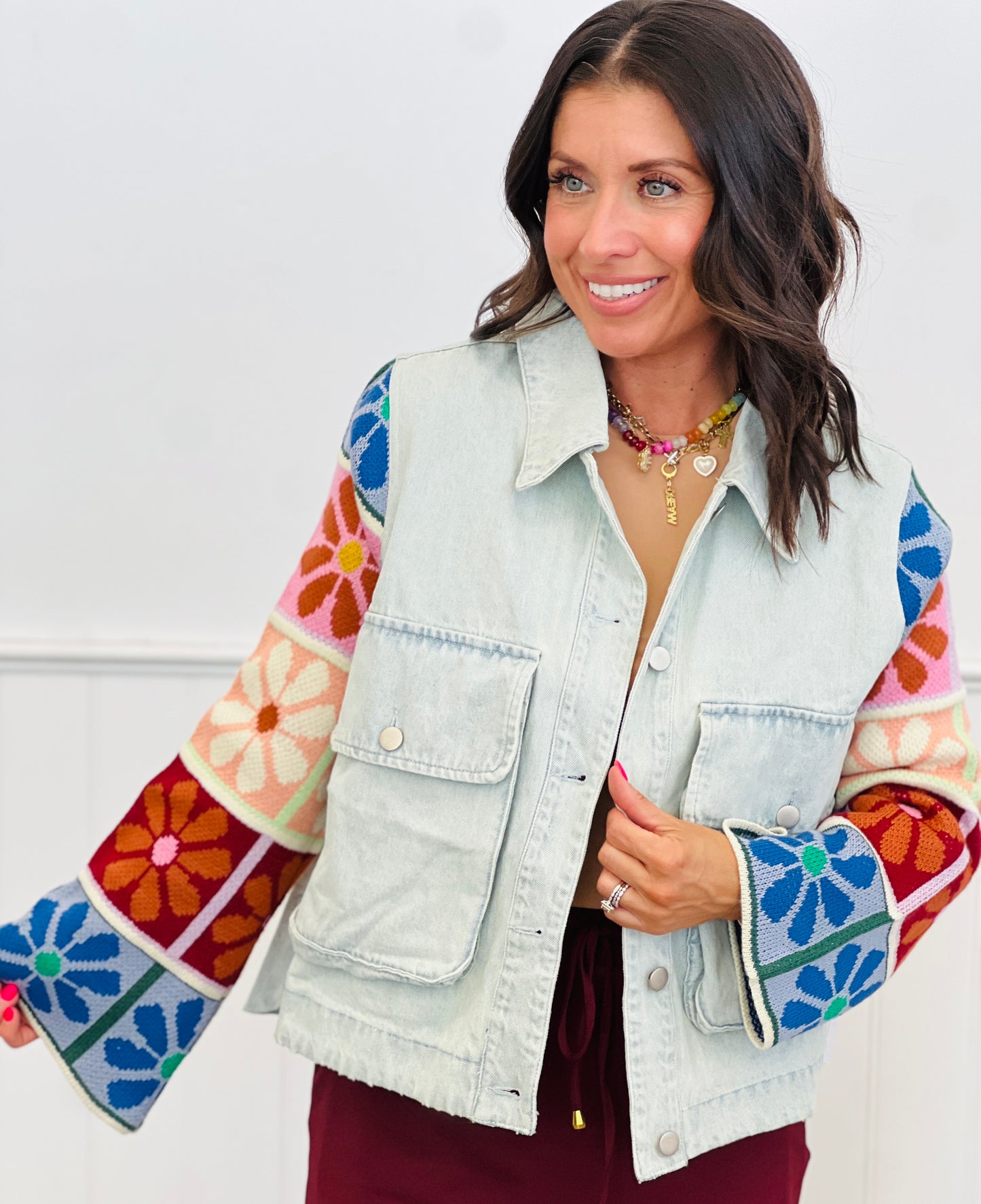 Light Denim Contrast Sweater Sleeves Jacket (Reg & Plus)