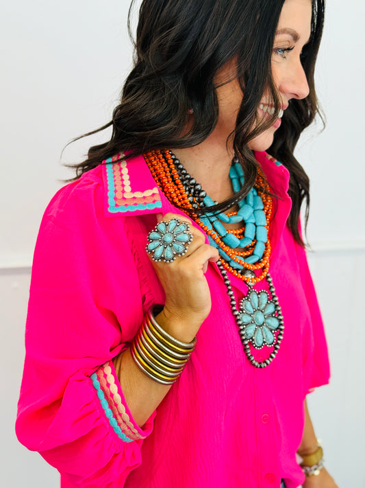 Electric Fuchsia Embroidered Trim Blouse (Reg & Plus)