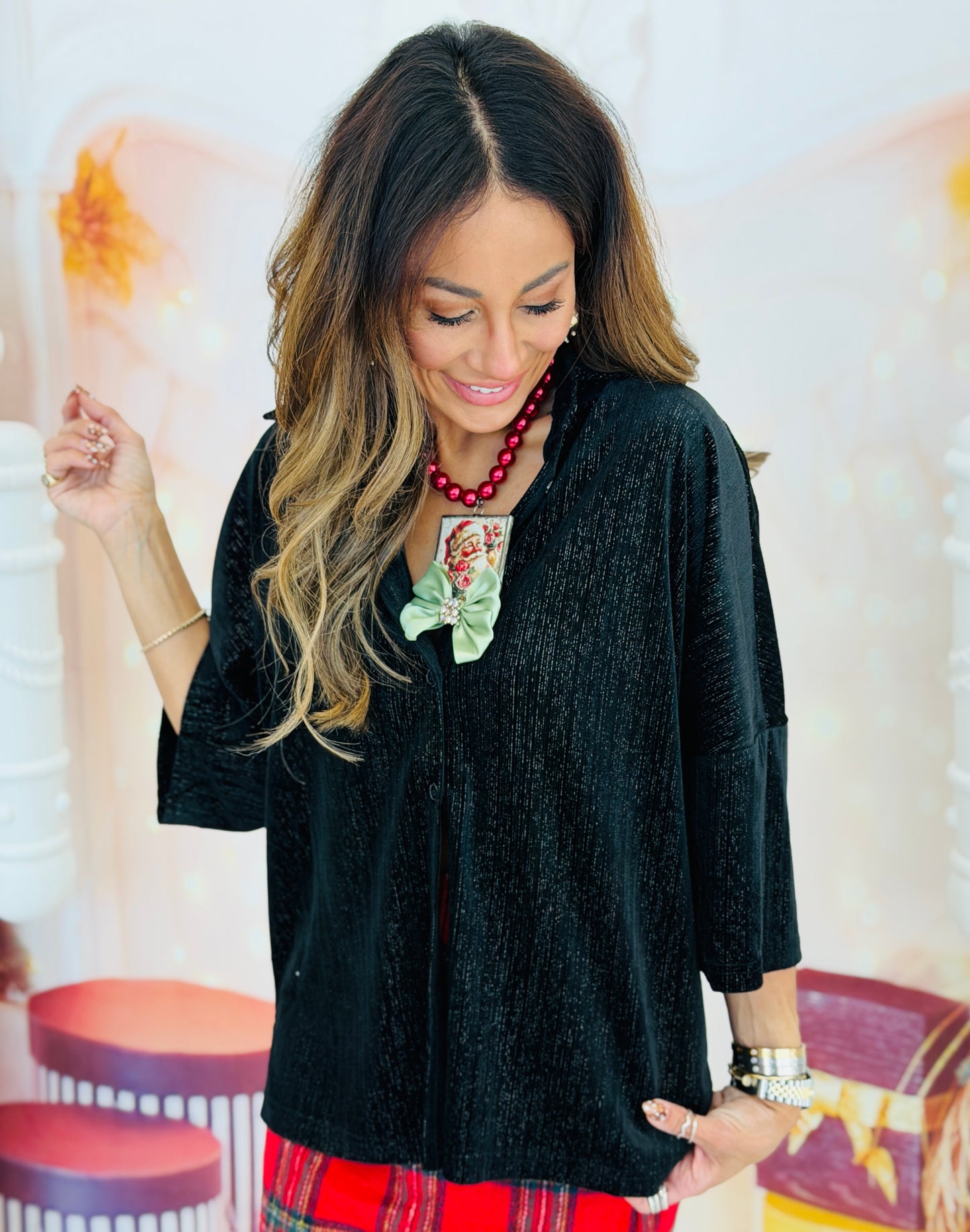 Black Prim Button Up Velvet Top (Reg. and Plus)