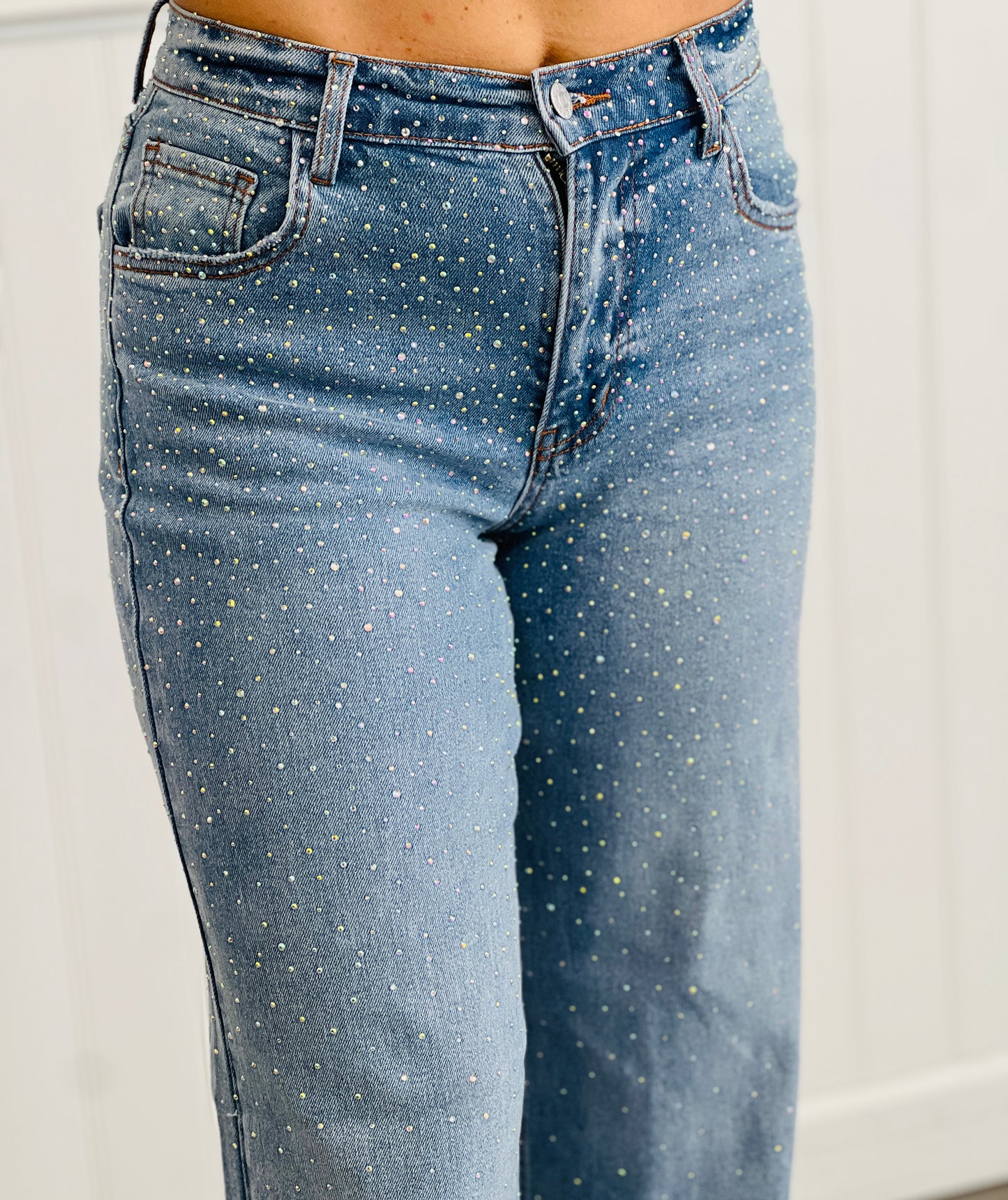 Sparkly Rhinestone Cuffed Wide Leg Jeans (Reg.)