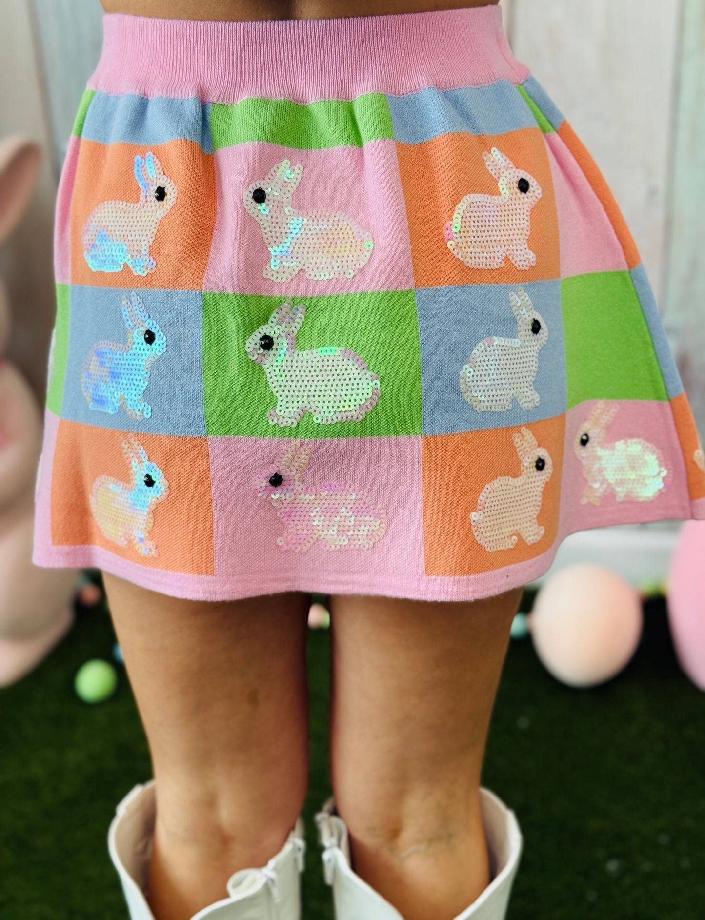 Queen Of Sparkles Pastel Colorblock Easter Bunny Knit Skirt (Reg. and Plus)