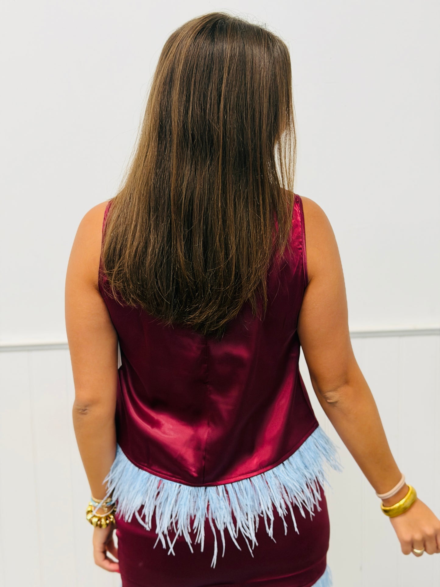 Burgundy Satin Sleeveless Feather Trim Blouse (Reg.)