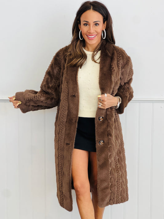 Brown Fuzzy Fur Patterned Longline Coat (Reg & Plus)