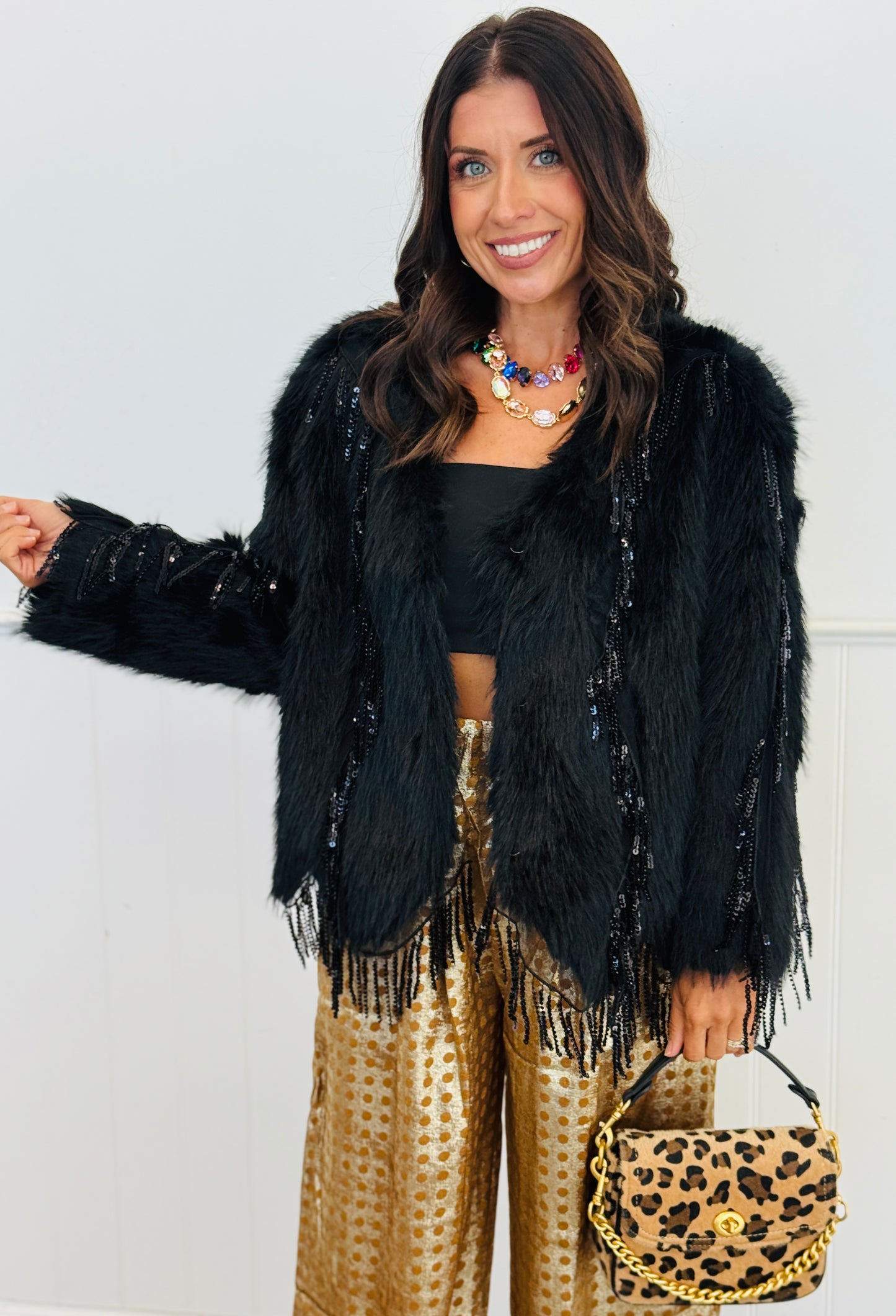 Black Sequin Tassel Faux Fur Cardigan (Reg.)