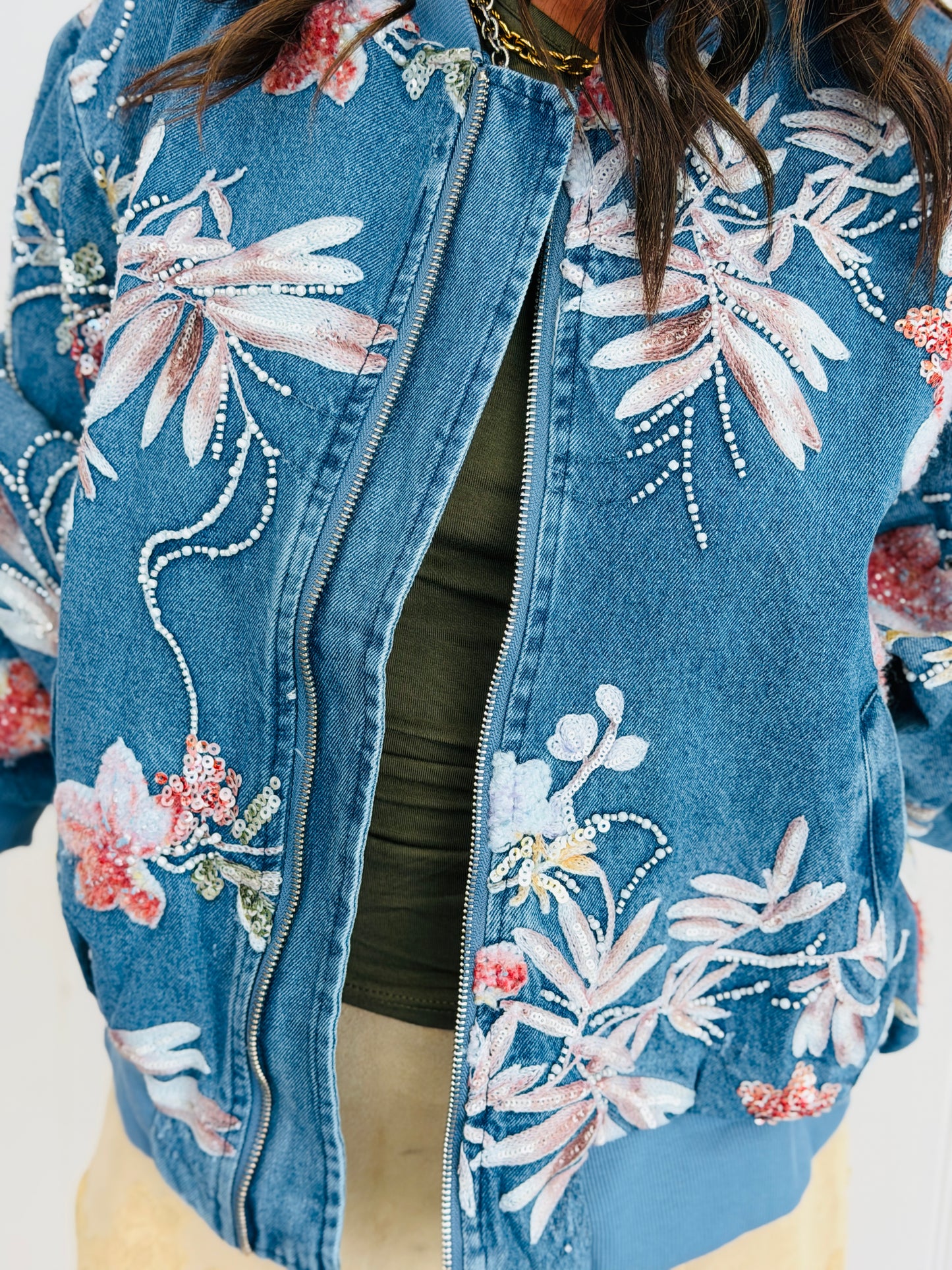 Light Denim Floral Beaded Sequin Zip Up Jacket (Reg.)