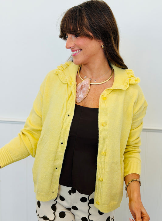 Banana Ruffle Collar Button Down Cardigan (Reg. and Plus)