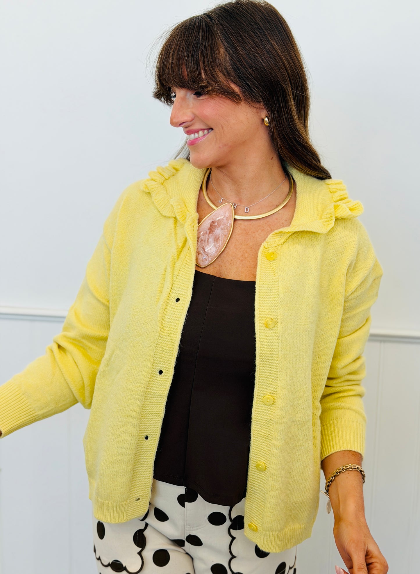 Banana Ruffle Collar Button Down Cardigan (Reg. and Plus)