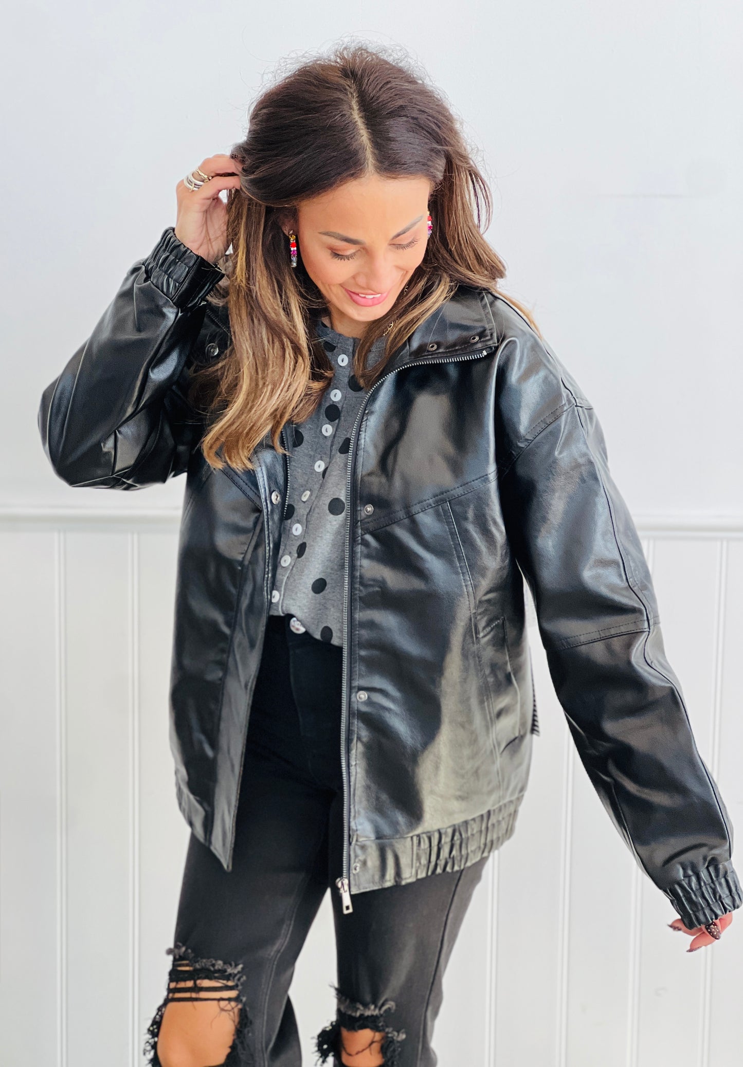 Black Zip-Up Faux Leather Jacket (Reg.)