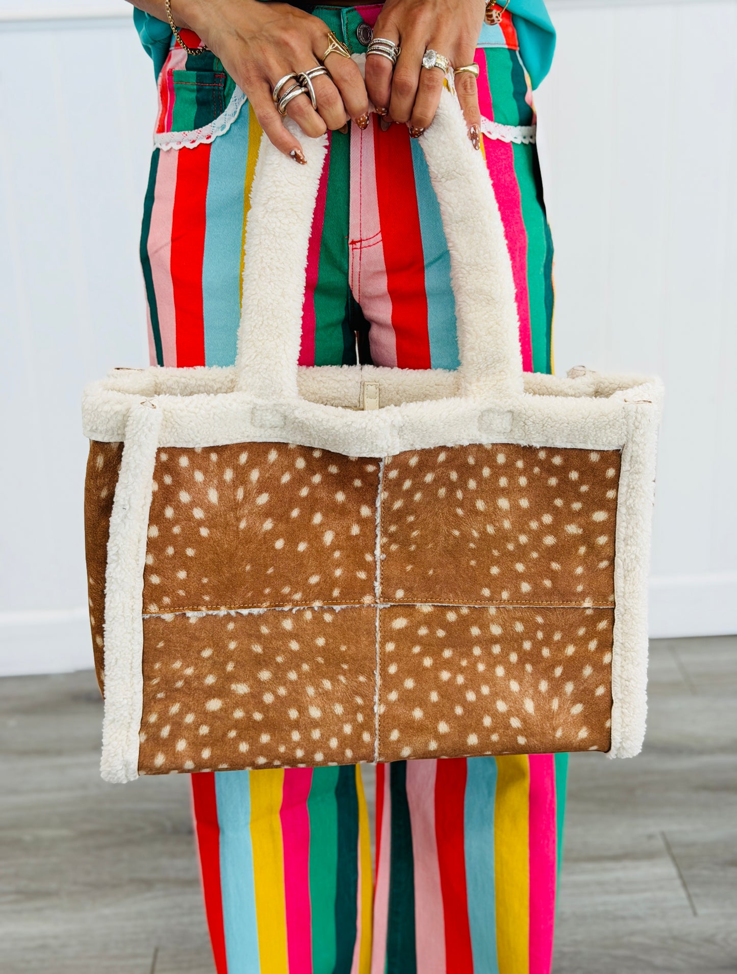 Faux Suede Fawn Tote with Sherpa Trim