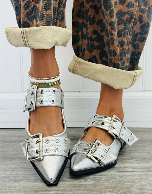 Silver Buckle It Up Slingback Flats