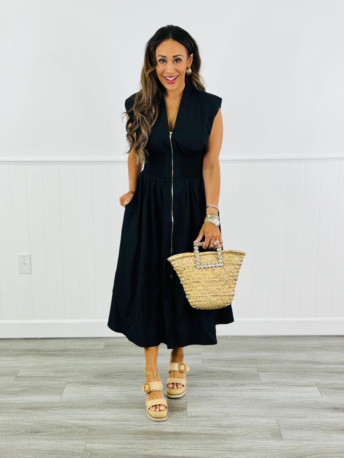 Black V-Neck Smocked Waist Sleeveless Midi Dress (Reg. and Plus)